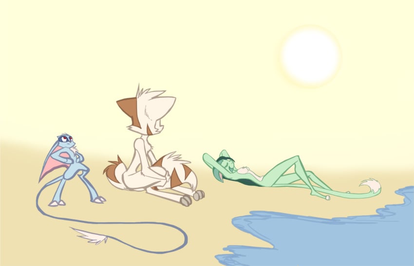 2016 anthro beach blue_fur breasts closed_eyes color_edit colored david_lillie domestic_cat dreamkeepers edit felid feline felis female fur green_fur green_hair hair lilith_calah long_tail mace_(dreamkeepers) male mammal nipples nude nude_edit outside seaside sun tan_fur water whip_(dreamkeepers)