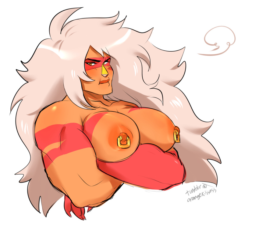 bust jasper_(steven_universe) large_breasts long_hair looking_at_viewer muscular_female nude orange_skin orangekissess pierced_nipples sketch solo steven_universe white_background white_hair