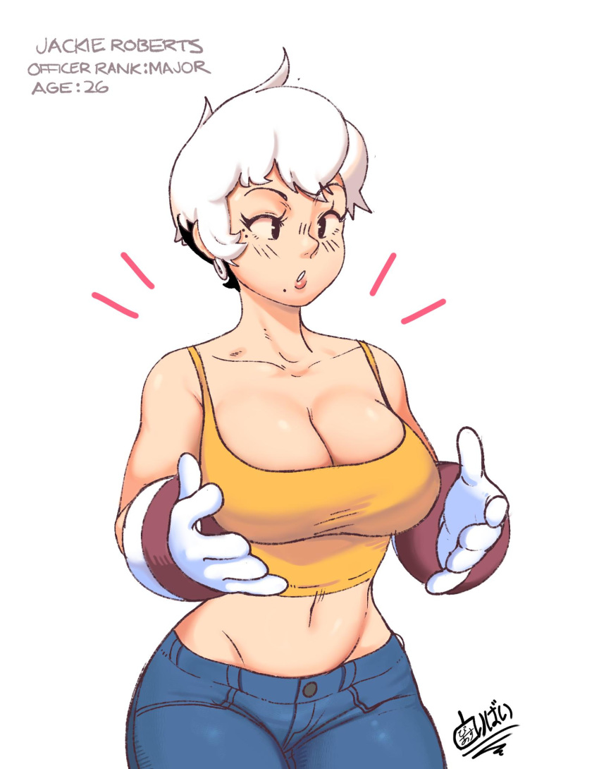 beauty_mark buttholemagick cleavage cowboy_shot female gloves hourglass_figure jackie_roberts_(buttholemagick) jeans large_breasts medium_breasts original original_character solo tank_top white_hair