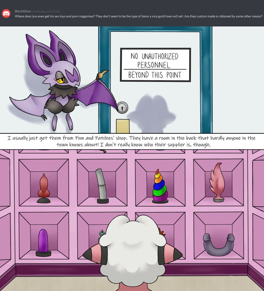 2019 ambiguous_gender ask_blog bat chiropteran comic digital_media_(artwork) dildo door dragon duo english_text feral flaaffy half-closed_eyes hi_res inside key lyre_belladonna male mammal nintendo original_character pinn_(wanderlust) pokémon_(species) pokemon pokemon_gsc pokemon_mystery_dungeon pokemon_xy reallydarkandwindie scalie sex_toy sheep sign size_difference text video_games wanderlust