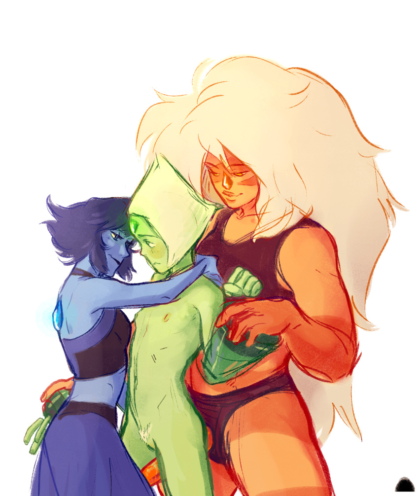 3girls ass barelynsfw_(artist) big_breasts blonde_hair blue_eyes blue_hair blue_skin breasts clothed eye_contact femdom flat_chest gem_(species) green_eyes green_hair green_skin half-closed_eyes jasper_(steven_universe) lapis_lazuli_(steven_universe) larger_female lezdom limb_enhancers long_hair nude orange_eyes orange_skin peridot_(steven_universe) pubic_hair pussy size_difference sketch small_breasts smaller_female standing steven_universe strap-on thick_thighs thigh_gap threesome watermark white_background wide_hips yuri