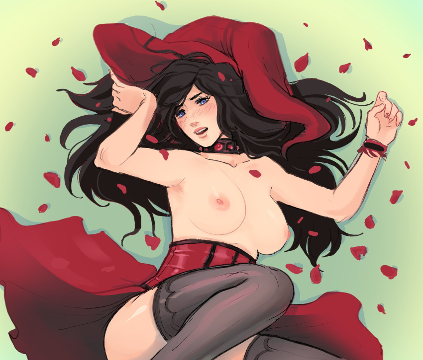 barelynsfw_(artist) blue_eyes breasts collar corset female hat large_breasts lips long_hair lying_on_back open_mouth out_of_frame petals rose_petals sketch skirt topless