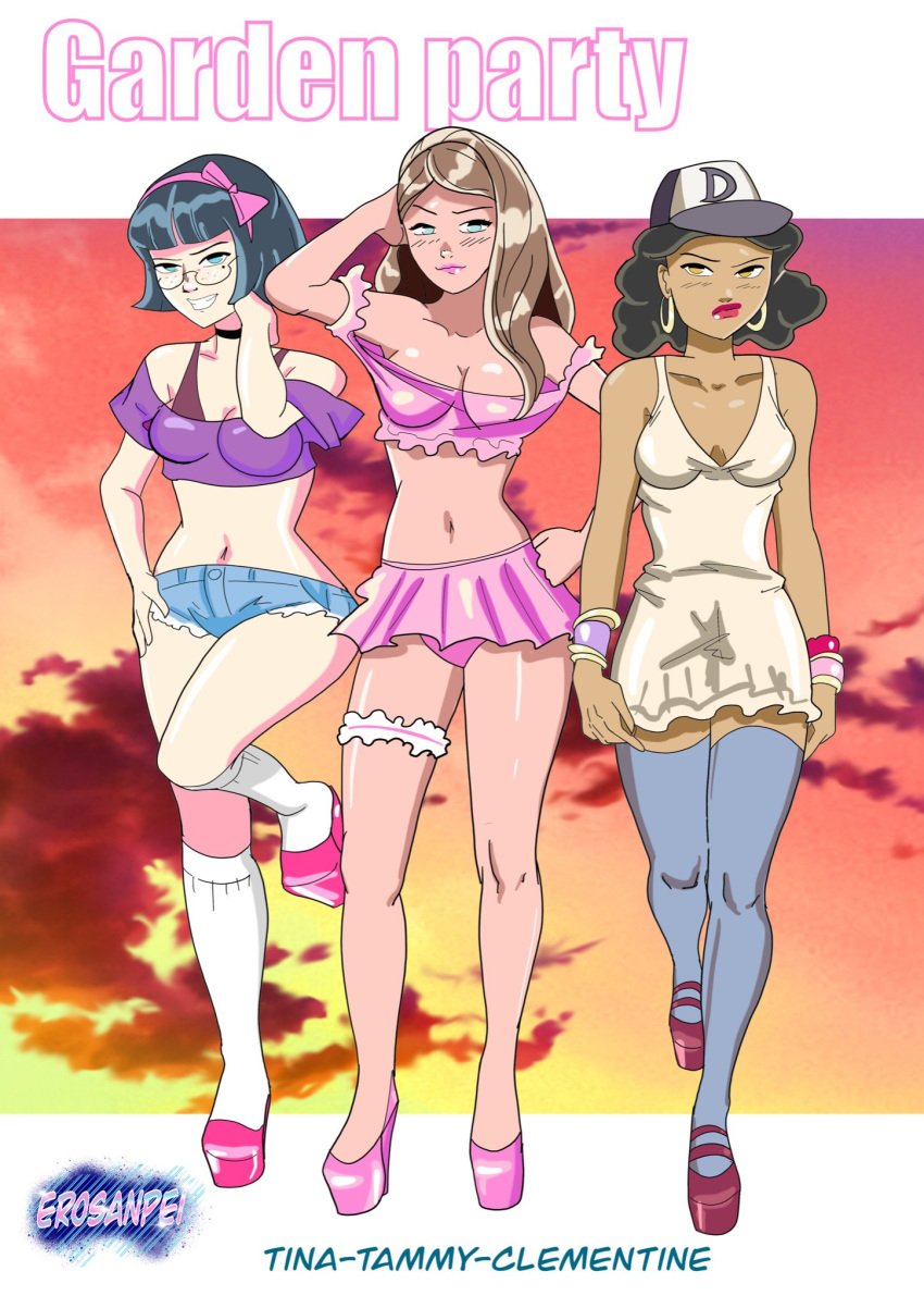 3girls black_hair breasts brown_hair clementine_(season_1) clementine_(the_walking_dead) clothed crop_top crossover dark-skinned_female dark_skin dress earrings erosanpei eye_contact freckles glasses half-closed_eyes hat high_heels jewelry lipstick looking_at_viewer makeup miniskirt original_character pose shirt shoes short_shorts skirt socks source_request stockings tammy_(tekuho) tekuho text the_walking_dead the_walking_dead_game tina wedge_heels