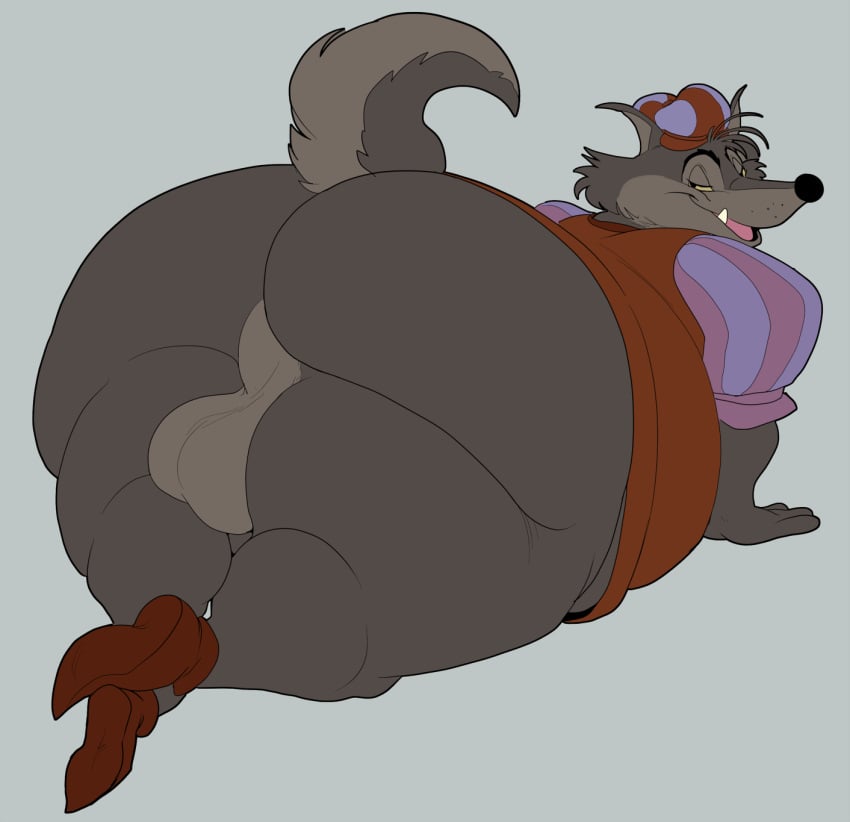 2019 anthro ass balls bedroom_eyes big_butt bottomless canid canine canis clothed clothing disney footwear gumcrate half-closed_eyes hat headgear headwear hi_res looking_back male male_only mammal obese open_mouth overweight penis robin_hood_(disney) seductive sheriff_of_nottingham shoes simple_background solo superchub tongue wolf