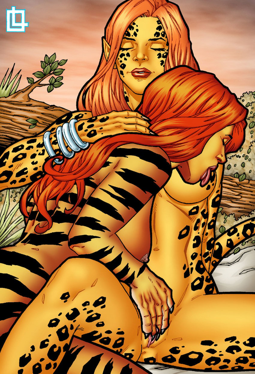 avengers barbara_ann_minerva breast_sucking breasts cheetah_(dc) clitoris closed_eyes comic comics crossover dc dc_comics fingering forest fur greer_nelson hair_grab jungle leandro_comics marvel marvel_comics masturbation nipple_suck orange_fur orange_hair paws pleasure_face pussy red_hair red_lips spots stripes tail tigra wonder_woman_(series) yellow_fur yuri