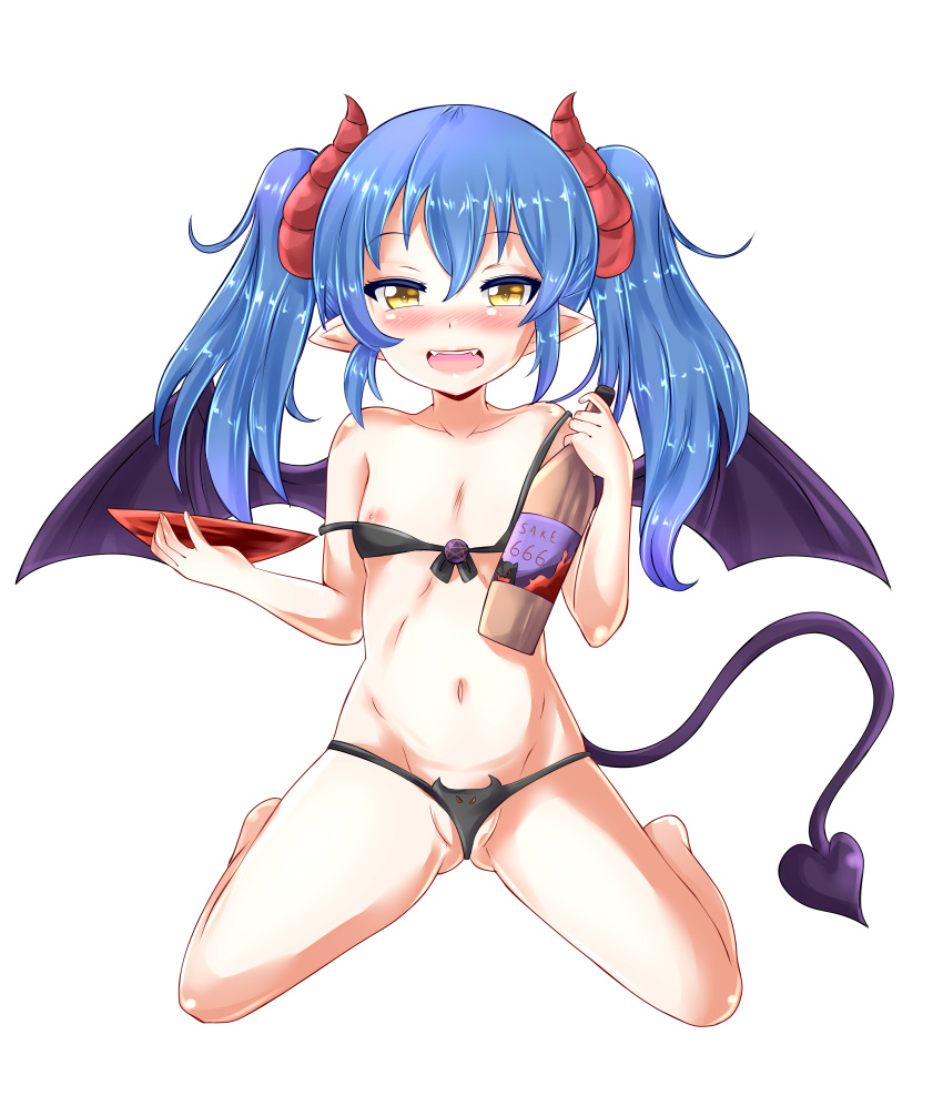 alcohol blue_hair bottle demon_girl demon_horns demon_tail demon_wings drunk flat_chest horns looking_at_viewer navel original sake sake_bottle seryuu swimsuit tail unholysoul white_background wings yellow_eyes