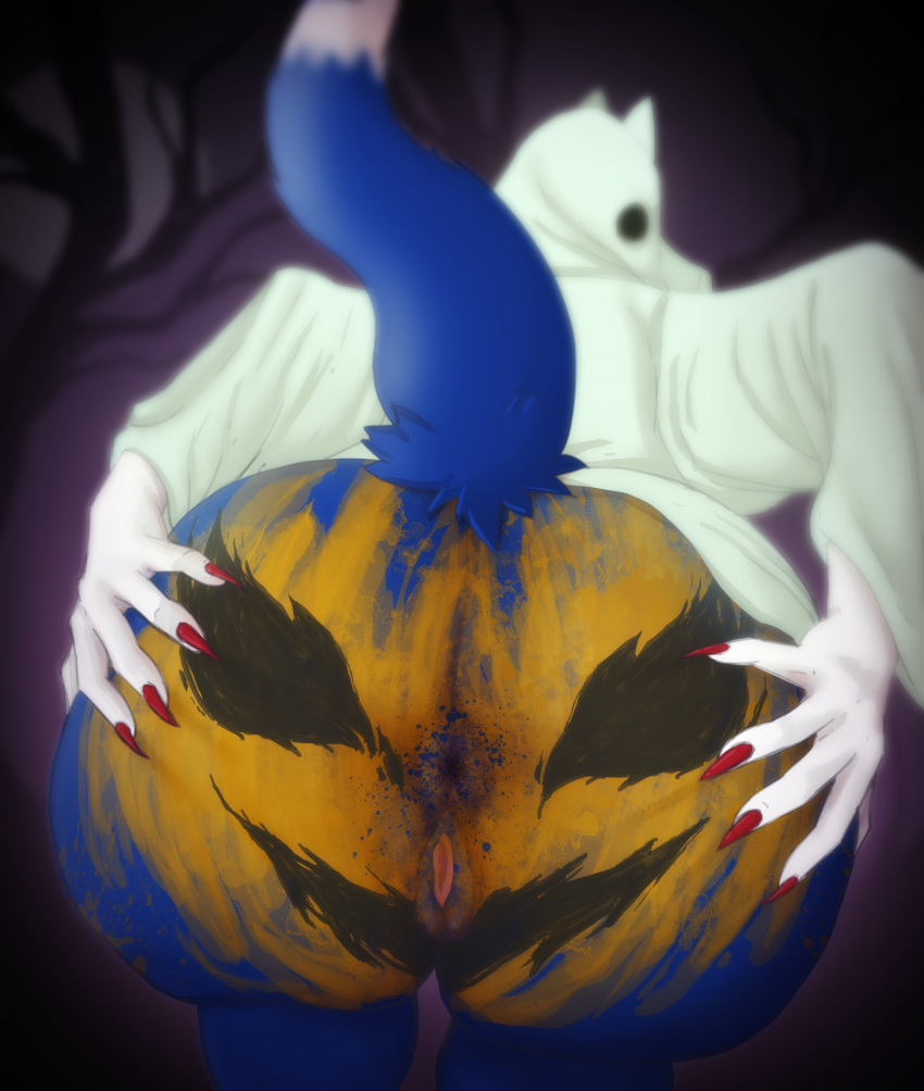 2018 absurd_res aizawasilk anthro anus ass bedsheet_ghost blue_fur bodypaint canid canine colored_nails dipstick_tail female fox fur halloween hi_res holidays jack-o'-lantern leaning leaning_forward looking_back mammal multicolored_tail nails presenting presenting_hindquarters pumpkin_butt pussy rear_view solo spread_butt spreading white_fur