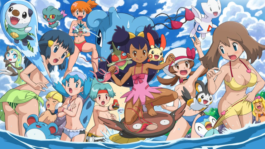 1boy 8girls ashley_ketchum bikini convenient_censoring convenient_censorship dawn_(pokemon) elesa_(pokemon) female game_freak gym_leader harem interspecies iris_(pokemon) kris_(pokemon) lyra_(pokemon) male may_(pokemon) misty_(pokemon) multiple_girls nintendo pokemoa pokemon pokemon_(anime) pokemon_(species) pokemon_bw pokemon_dppt pokemon_gsc pokemon_hgss pokemon_ranger pokemon_rgby pokemon_rse solana_(pokemon) swimsuit tagme topless water