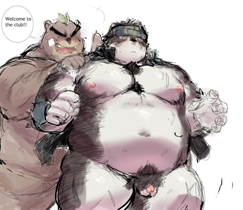 2019 anthro ashigara balls belly blush canid canine canis closed_eyes duo english_text fur furry giantspacetiger hi_res horkeukamui male male_only mammal moobs navel nipples obese overweight penis simple_background small_penis text tokyo_afterschool_summoners tora_gy ursid video_games wolf