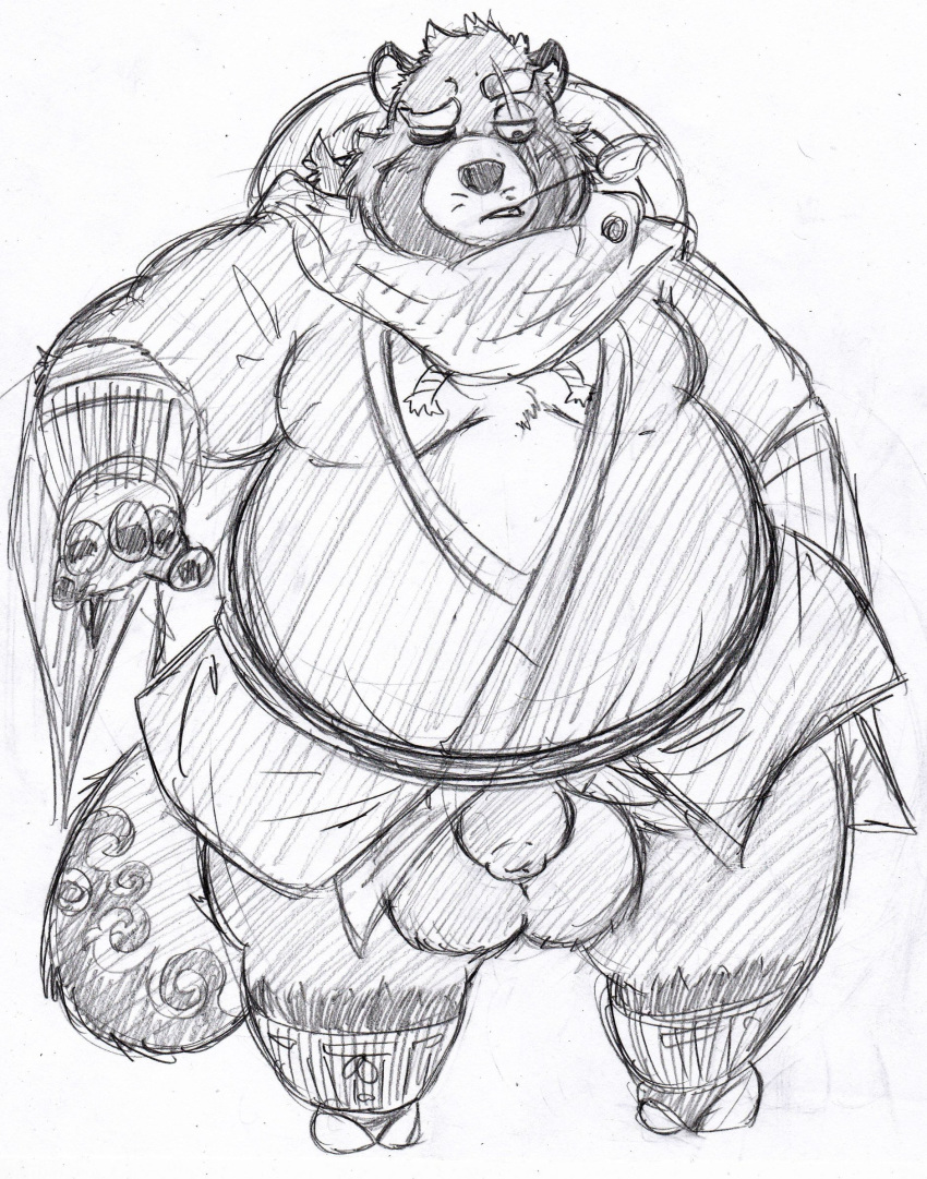 2019 anthro balls belly big_balls canid canine clothing flaccid gyobu hat headgear headwear hi_res humanoid_hands humanoid_penis lacimehc leaf male male_only mammal moobs overweight overweight_male penis raccoon_dog robe scar simple_background solo tanuki tokyo_afterschool_summoners video_games