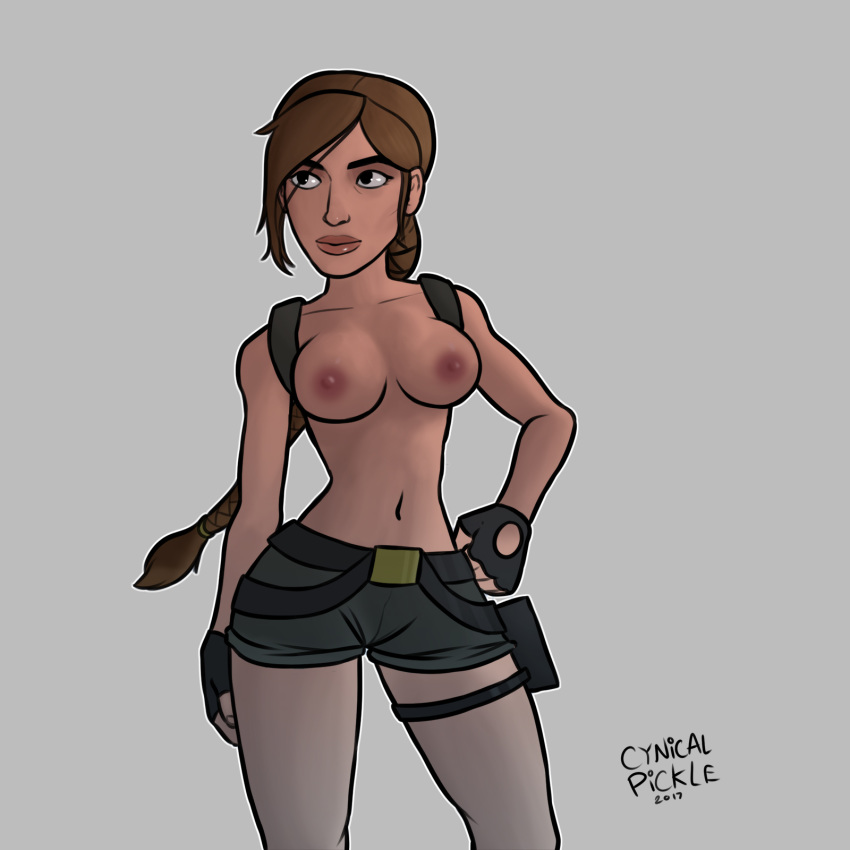 1girls areolae backpack big_breasts braid braided_hair breasts brown_eyes brown_hair cyniclepickle female fingerless_gloves lara_croft lara_croft_(classic) nipples pinup pose posing short_shorts solo thick_thighs thigh_holster tomb_raider topless wide_hips