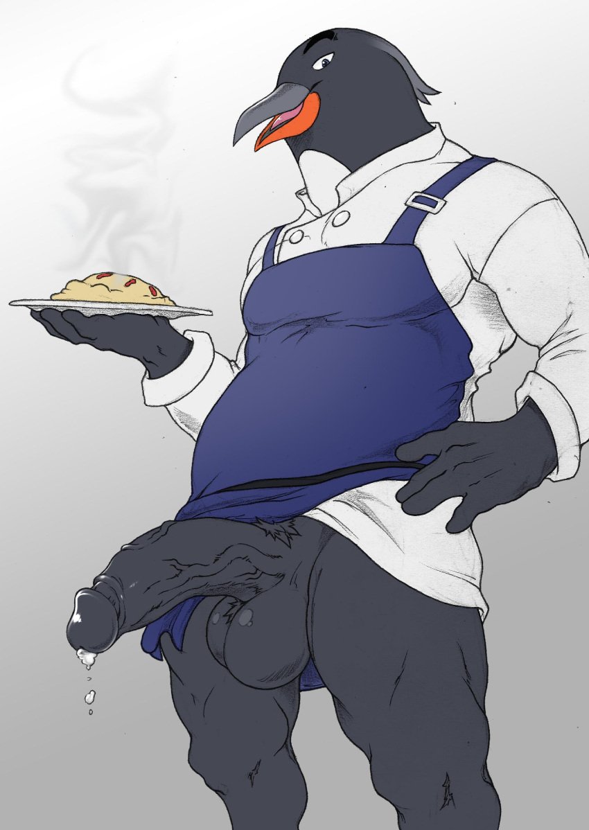 anthro apron avian balls bird bodily_fluids bottomless clothed clothing erection food genital_fluids hi_res humanoid_penis male male_only partially_clothed pastry_pete penguin penis pie precum solo tuca_and_bertie utx-shapeshifter