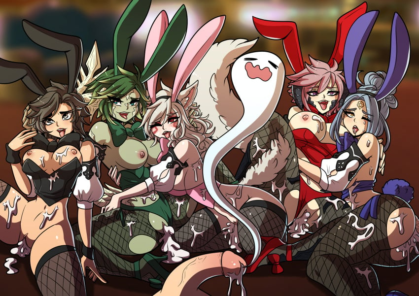 1boy 5girls after_orgasm after_sex after_vaginal aftersex ahe_gao amaterasu_okami au_ra blue_hair breasts brown_hair bunny_girl bunnysuit clothing cum cum_in_pussy cum_inside cum_on_body cum_on_breasts cum_on_face cum_on_upper_body decima final_fantasy final_fantasy_xiv flaccid garlean green_hair harem heart-shaped_pupils hug hyur kinkymation miqo'te multiple_girls nekomimi pantyhose pink_hair raen setsuko_yatsurugi shino_senkatsu sin_faye take_your_pick tongue_out torn_clothes uncensored vagina white_hair xaela