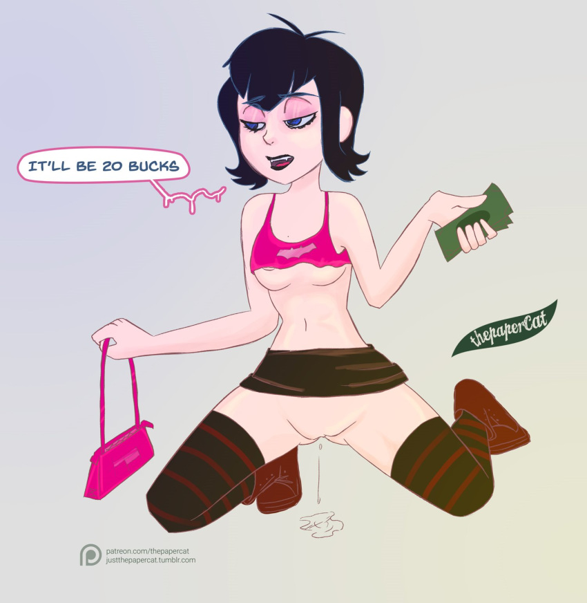 apathetic black_hair black_socks bottomless busty cheap crop_top hotel_transylvania kneeling mavis_dracula miniskirt money prostitution pussy_juice red_socks skirt_lift small_breasts socks speech_bubble striped_socks thepapercat thick_thighs thigh_socks thighhighs underboob vagina wide_hips