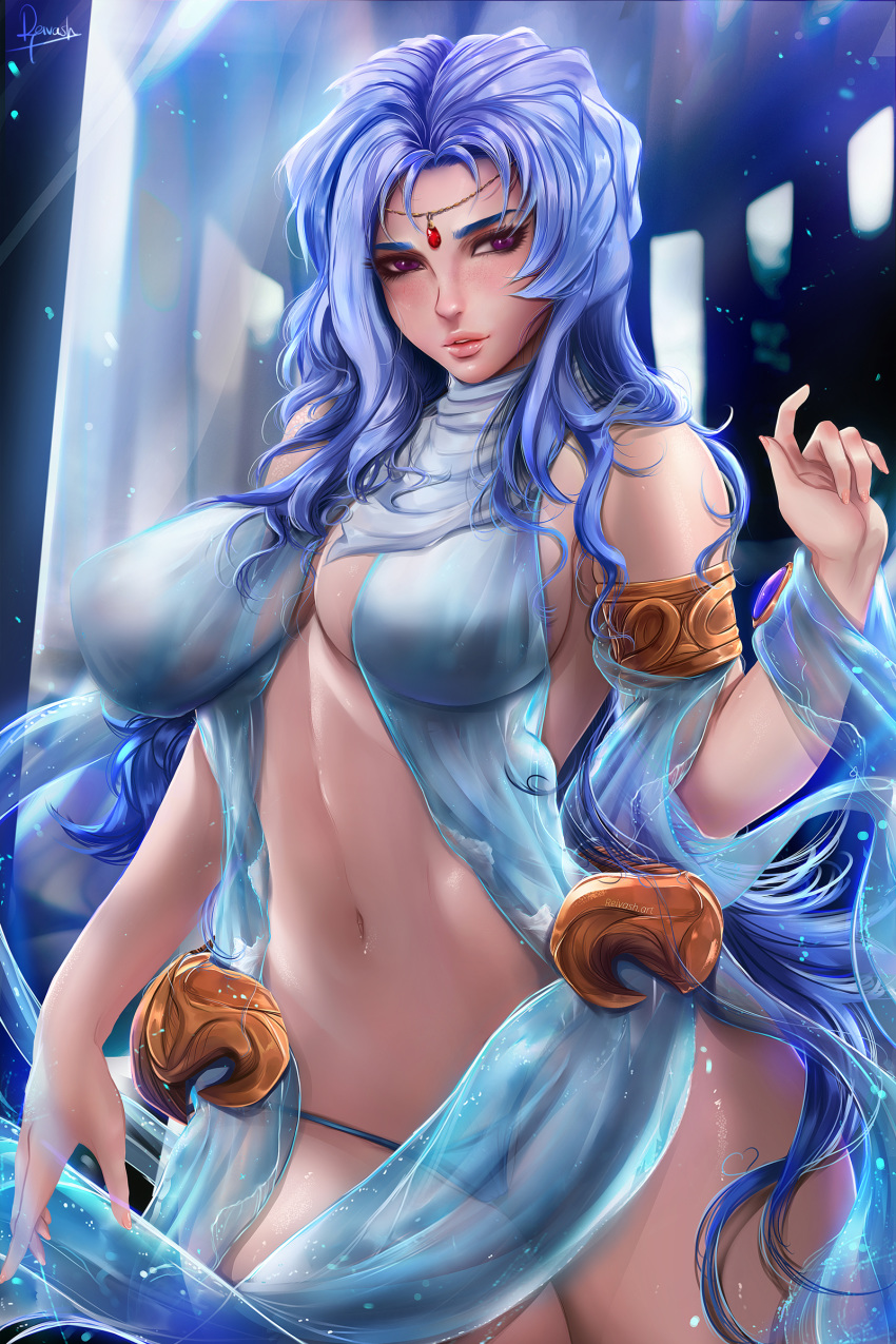 1girls arm_band belly_button big_breasts blue_dress blue_hair blue_panties blue_thong breasts busty clothing dress female female_only forehead_jewel human injuu_gakuen_la_blue_girl la_blue_girl large_breasts long_hair loose_clothes maria_(la_blue_girl) midriff navel panties pink_lips pinup purple_eyes reivash small_panties solo stomach thong