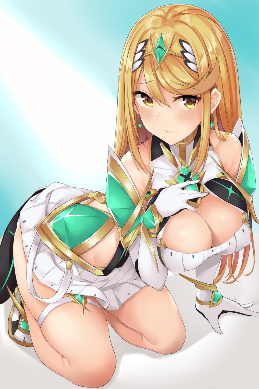 1girls absurdres armor bangs blonde_hair blush breasts chest_jewel cleavage cleavage_cutout dress earrings elbow_gloves female fingerless_gloves fingernails gem gloves headpiece highres jewelry kneeling large_breasts long_hair mythra_(xenoblade) nintendo on_bed shoulder_armor solo swept_bangs tetora_(yumejihuka) thigh_strap thighs tiara very_long_hair white_dress xenoblade_(series) xenoblade_chronicles_2 yellow_eyes