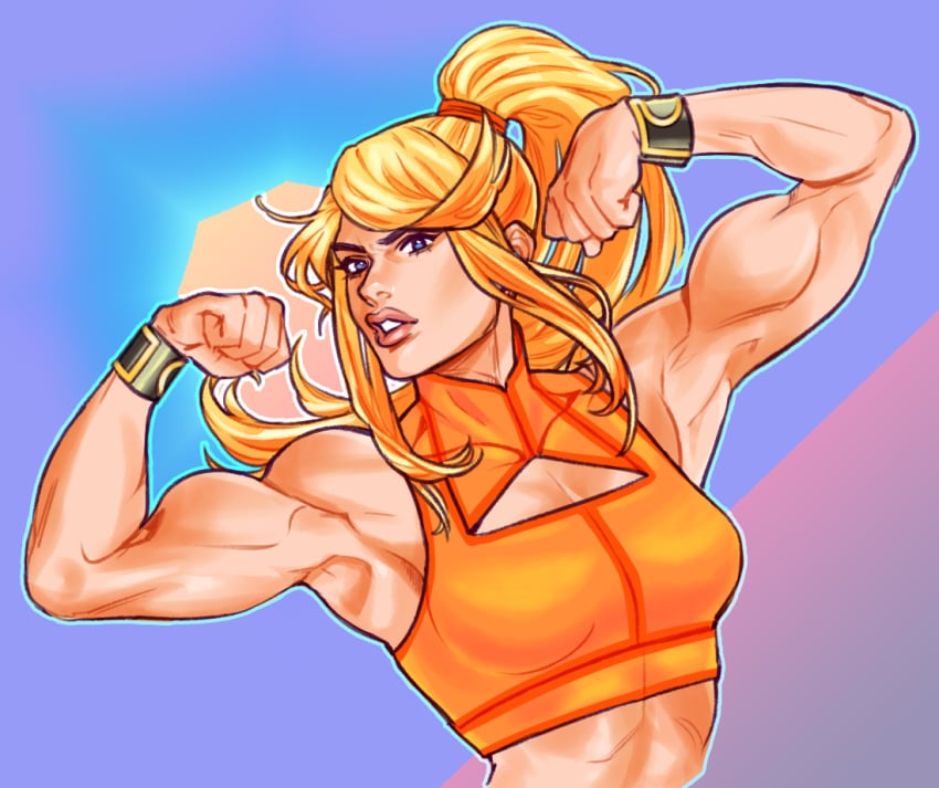 1girls biceps bust cleavage_cutout female female_only fit_female flexing garikaliev metroid muscular muscular_female nintendo samus_aran solo