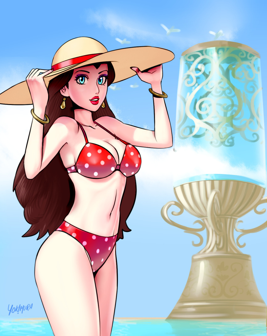 1girls ass big_breasts bikini bikini_bottom bikini_top blue_eyes bracelet bracelets breasts brown_hair cleavage curvy cute dots earrings female female_only fingernails hat hips human jewelry large_breasts long_hair looking_at_viewer mario_(series) nintendo outside pale_skin pauline seagull sky solo stomach super_mario_odyssey thick water wide_hips yokihura