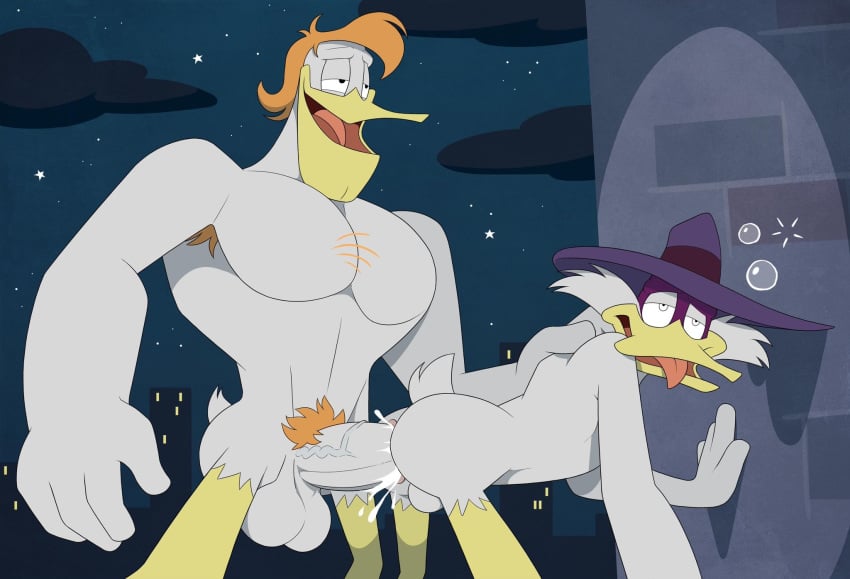 2boys abs anal anal_penetration anthro anthro_on_anthro anti_dev armpit_hair backsack balls bodily_fluids body_hair chest_hair city_background clothing crossover cum cum_in_ass darkwing_duck darkwing_duck_(character) disney drunk drunk_bubble duck ducktales erection fucked_silly genital_fluids half-closed_eyes hanging_balls hat headgear headwear hi_res huge_cock invalid_tag launchpad_mcquack male male/male male_only night orgasm_face orgasm_from_anal pecs penis pubes size_difference starry_sky superhero tongue_out vein yaoi