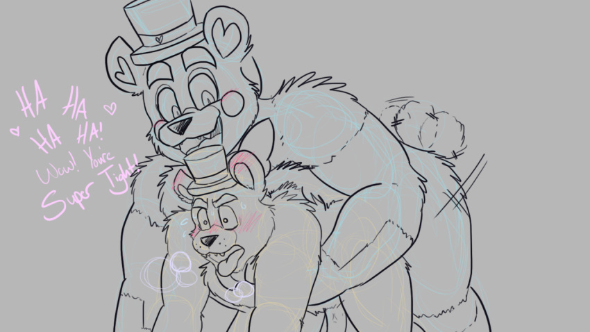 anal anal_penetration anal_sex animatronic blushed five_nights_at_freddy's freddy_(fnaf) funtime_freddy_(fnafsl) fur furry furry_tail happy icetigerkitten larger_female laughing male male_only penetration sex sex_from_behind sister_location size_difference smaller_male sweat tongue_out