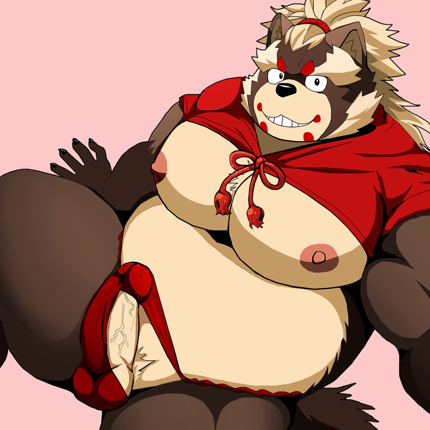 2019 anthro balls bearlovestiger13 belly black_nose bulge canid canine clothing erection fundoshi goemon_(tokyo_afterschool_summoners) hi_res humanoid_hands japanese_clothing male male_only mammal moobs nipples overweight overweight_male penis raccoon_dog solo tanuki tokyo_afterschool_summoners underwear video_games