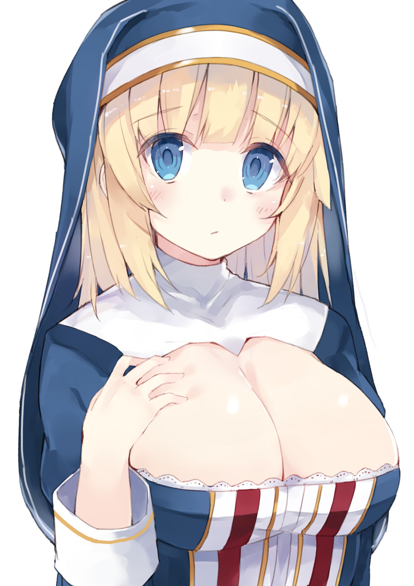 blonde_hair blue_eyes cleavage female huge_breasts kou_mashiro nun