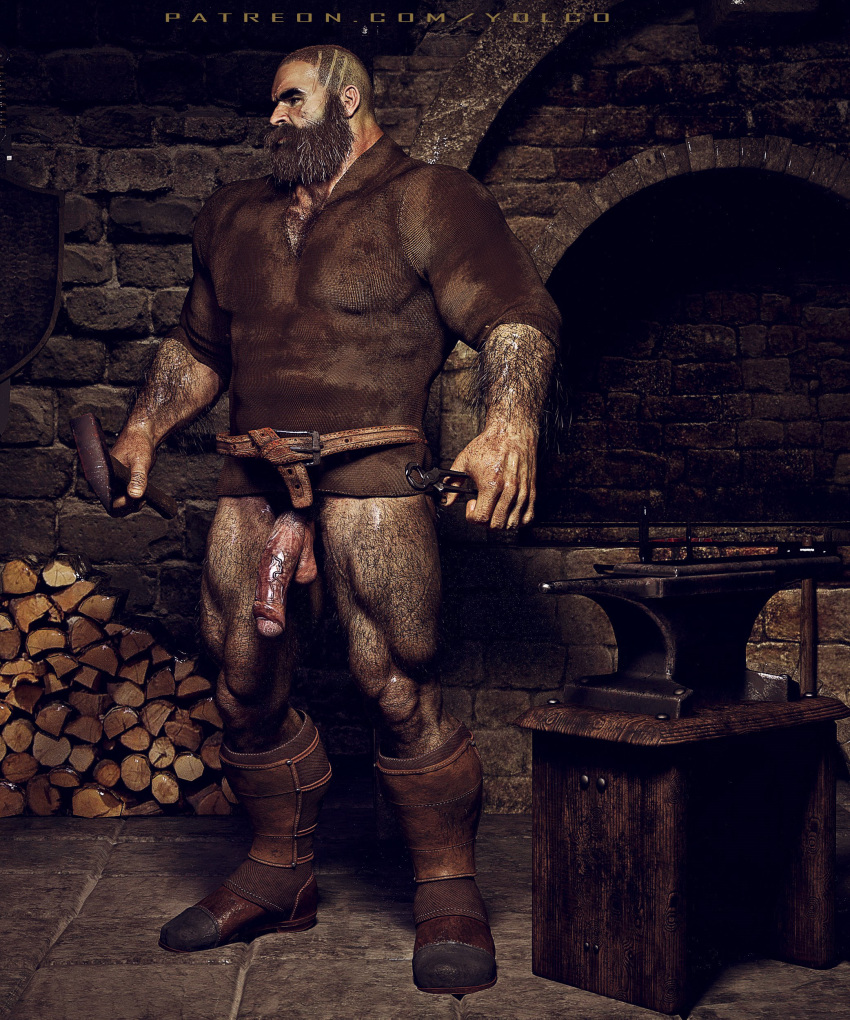 1boy 3d anvil balls ballsack beard beefy blacksmith body_hair boots bottomless dangling_testicles dilf facial_hair facial_scar foreskin hairy hairy_arms hairy_chest hairy_legs hairy_male human intact male male_only masculine mature_male muscles muscular pantsless partially_retracted_foreskin penis pubes pubic_hair scrotum semi-erect testicles uncut veiny_penis yolco