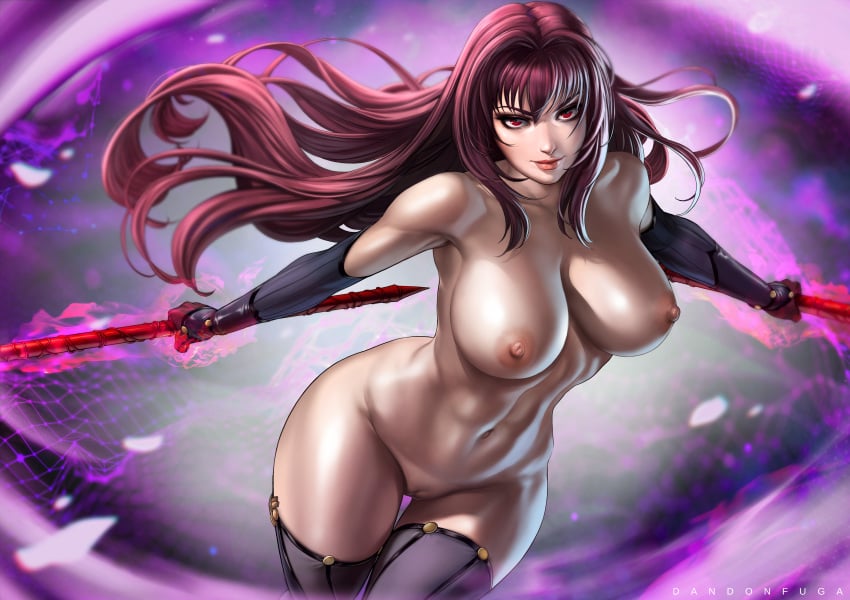 absurdres breasts dandon_fuga fate/grand_order fate_(series) female gae_bolg gloves glowing glowing_weapon highres large_breasts long_hair looking_at_viewer nipples nude paid_reward patreon_reward polearm purple_hair pussy red_eyes scathach_(fate) solo spear thighhighs toned weapon