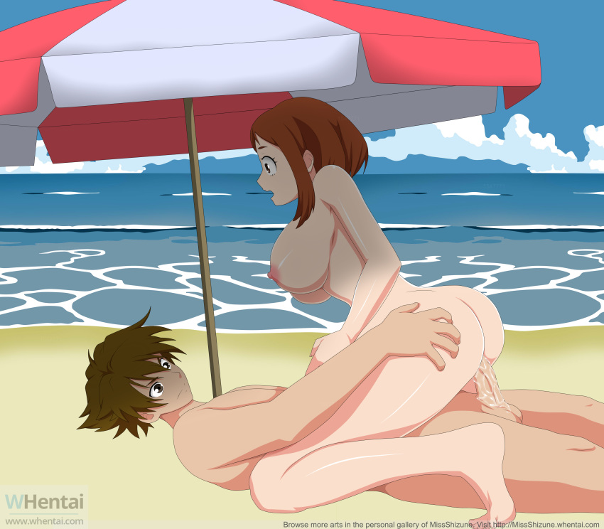 1boy 1girls aselia ass beach breasts brown_hair cowgirl_position crossover kor_meteor missshizune my_hero_academia nipples nude nude_female nude_male ochako_uraraka penis tales_of_(series) tales_of_hearts umbrella whentai