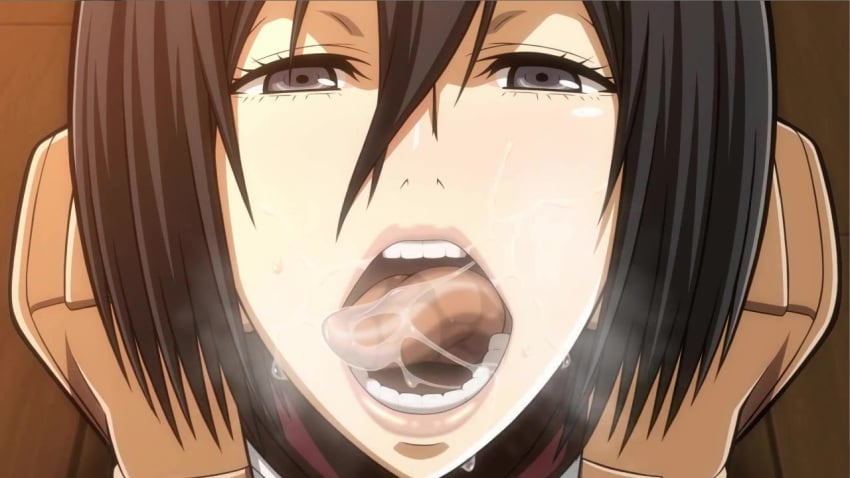 1girls after_deepthroat after_oral asian attack_on_titan black_eyes black_hair cum cum_in_mouth deepthroat deepthroat_holder deepthroat_no_hands eye_contact female fringe kneeling lost_rarities medium_hair mikasa_ackerman mouth_fetish open_mouth oral pale-skinned_female petite pov saliva seductive_eyes seductive_mouth shingeki_no_kyojin submissive_female takapiko throat tongue_out