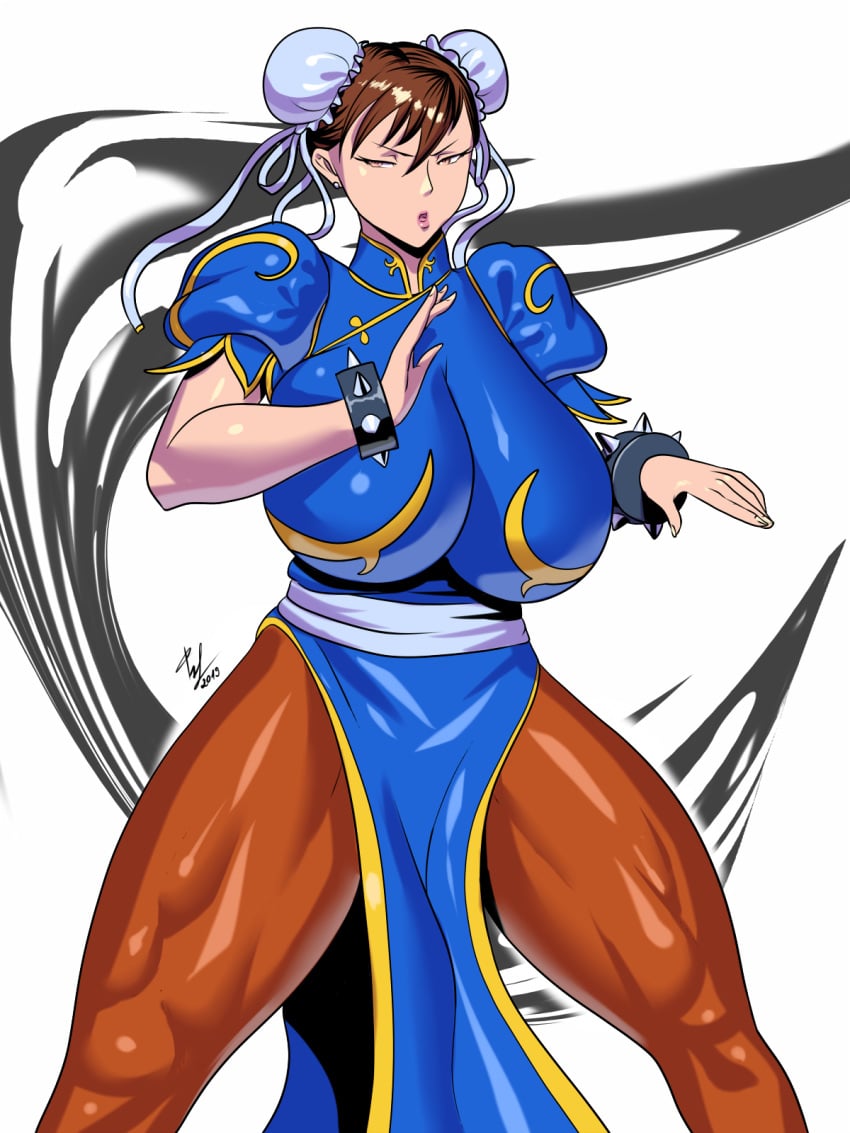 big_breasts bracelet breasts brown_hair capcom chinese_clothes chun-li female hair large_breasts pantyhose spiked_bracelet street_fighter tesan video_games