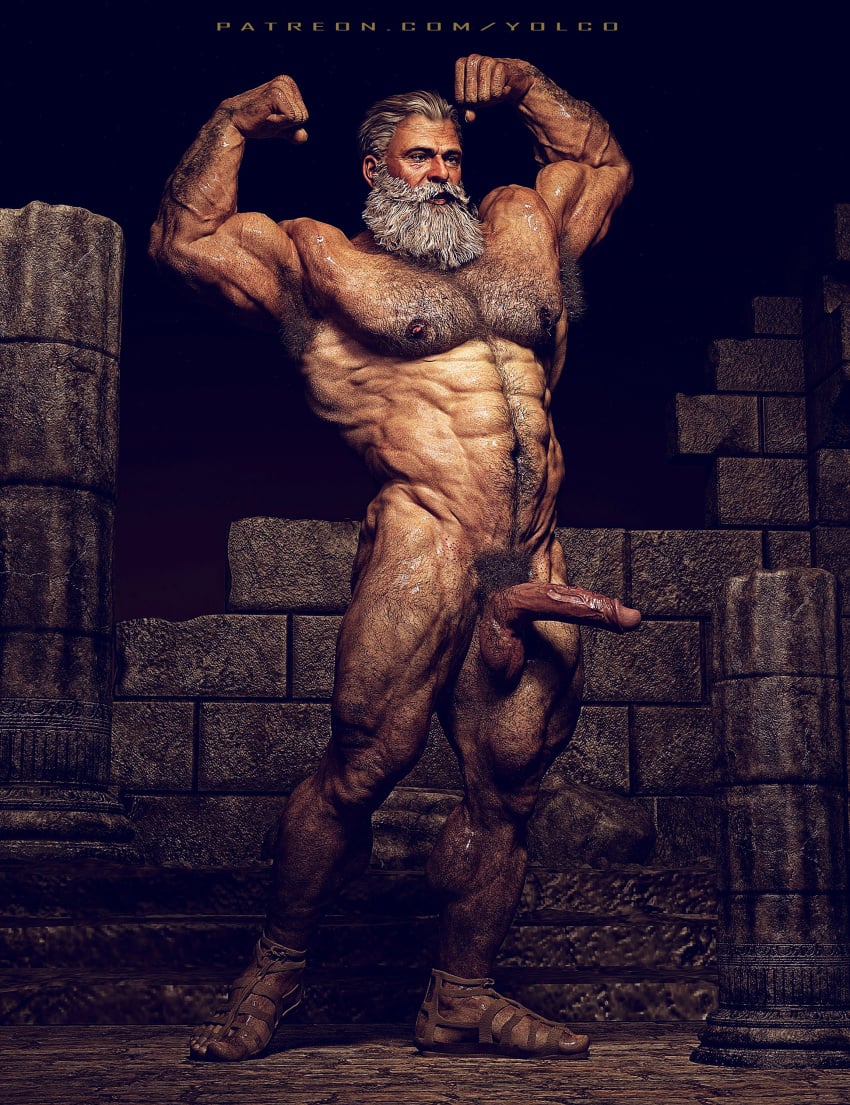 1male 3d balls ballsack beard beefy body_hair erect_penis erection facial_hair flexing foreskin greek_mythology hairy hairy_armpits hairy_arms hairy_chest hairy_male hercules human intact male male_nipples male_only masculine mature_male muscles muscular muscular_male nipples nude_male pecs penis pose pubes pubic_hair retracted_foreskin sandals scrotum solo testicles uncut veiny_penis white_hair yolco