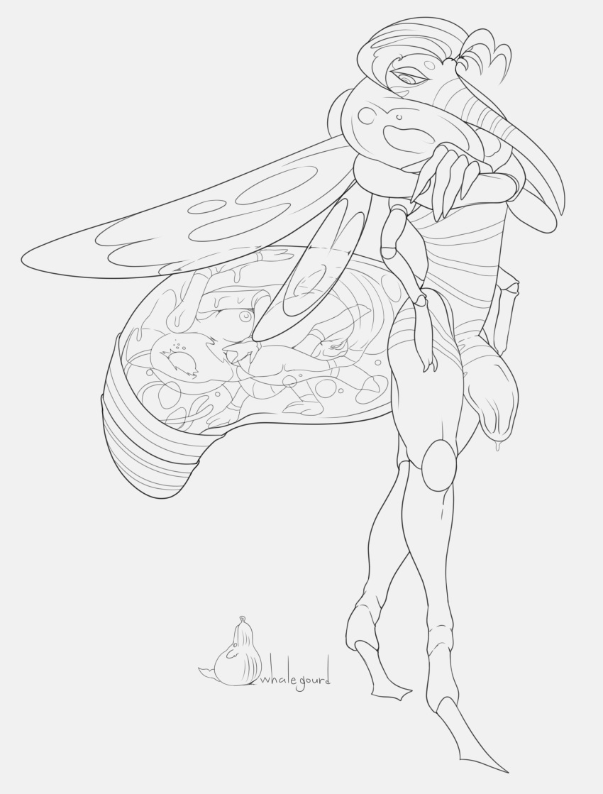 2019 4_arms abdomen absurd_res ant anthro arthropod bodily_fluids breasts crossed_arms digestion furry genital_fluids half-erect hi_res hymenopteran insect_wings insects line_art looking_down mosquito multi_arm multi_limb open_mouth penis precum unusual_vore vore whalegourd wings