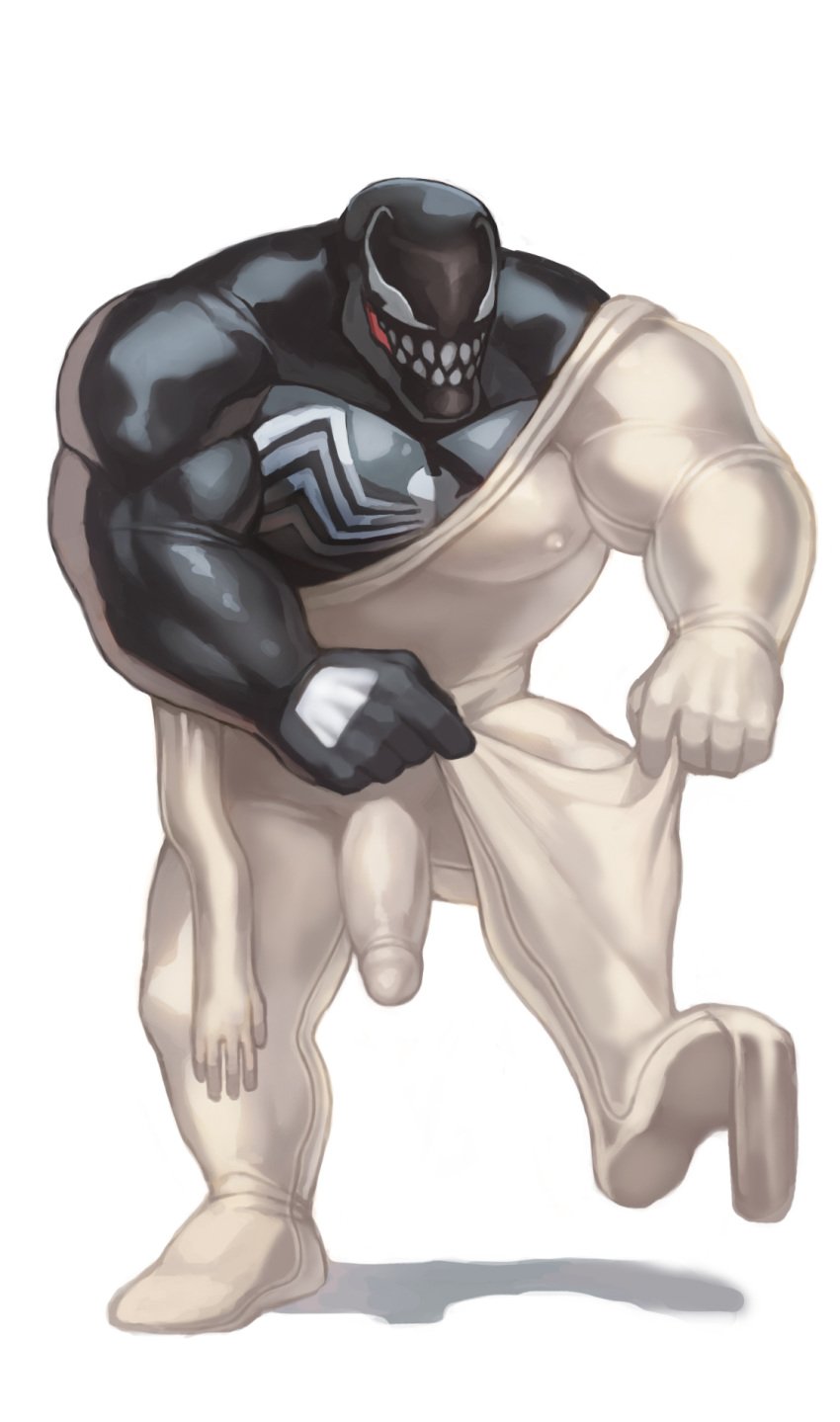 1boy ass black_body black_penis black_skin blackmonster male male_focus male_only marvel penis penis_out putting_clothes_on putting_on_legwear smooth_skin solo venom venom_(marvel) white white_clothes white_clothing zentai