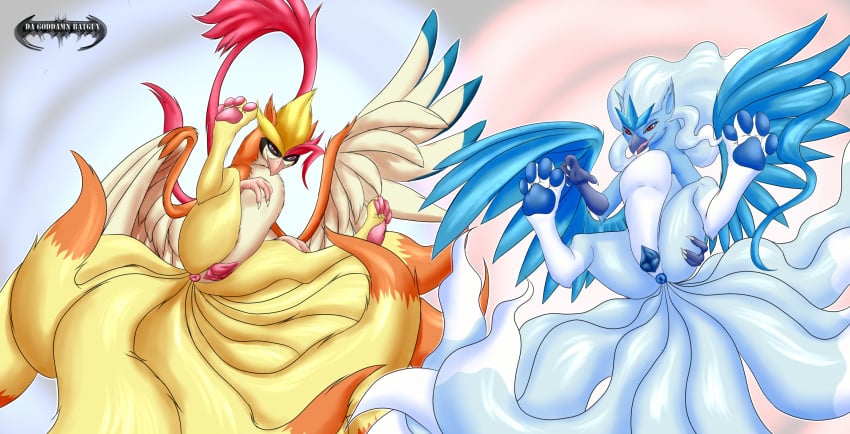 2019 2girls 4_fingers 4_toes alolan_ninetales alternate_color anatomically_correct anatomically_correct_pussy anus articuno ass beak big_ass big_tail blue_pussy canine canine_pussy claws da_goddamn_batguy dipstick_tail duo eye_contact feathered_wings feathers feet female female_only feral fingers flat_chest fox fusion half-closed_eyes hi_res hybrid legendary_pokemon long_tail looking_at_viewer mega_pidgeot multi_tail multicolored_tail multiple_girls ninetales nintendo no_nipples nude original_character paws pidgeot pokémon_(species) pokemon pokemon_(species) pokemon_oras pokemon_rgby pokemon_sm pussy red_eyes spread_legs spreading tail text thick_thighs toes video_games watermark wide_hips wings