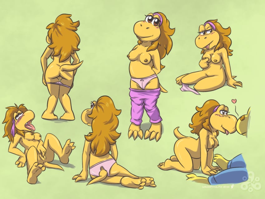 <e 2019 4:3 anthro blush breasts brown_body brown_eyes brown_hair clothing conditional_dnp duo female grumpyvulpix hair hi_res koopa koopa_troopa koopie_koo koops male mario_(series) masturbation multiple_poses nintendo nipples non-mammal_breasts nude open_mouth panties paper_mario pose pussy scalie solo tongue tongue_out underwear undressing video_games