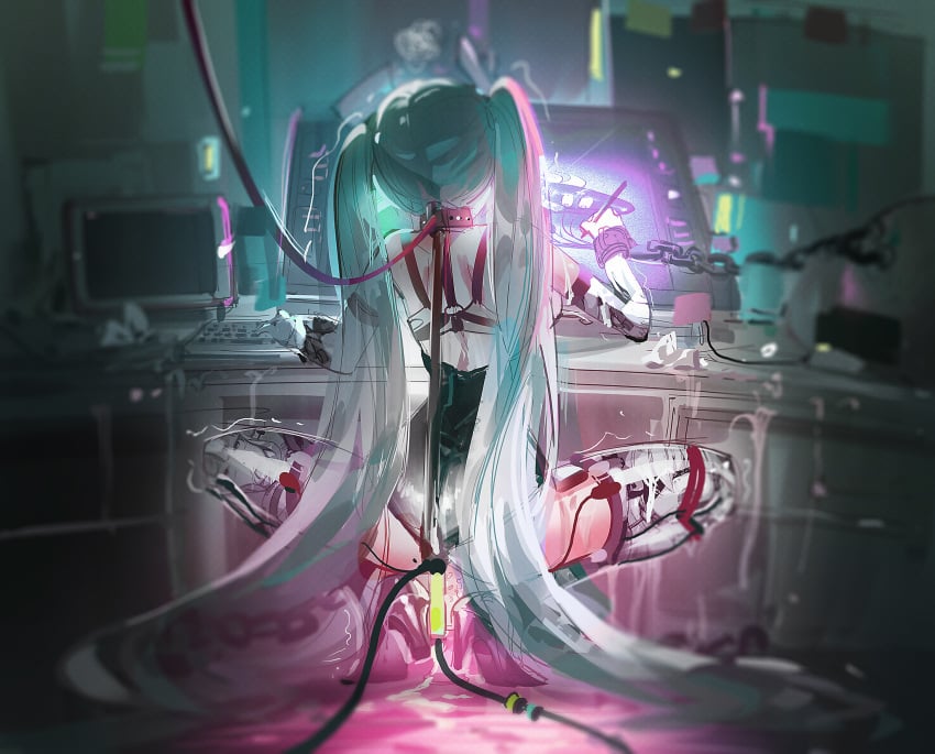 blue_hair bondage bound chains collar drawing drawing_tablet female femsub hatsune_miku heels kvpk5428 leash tagme vocaloid