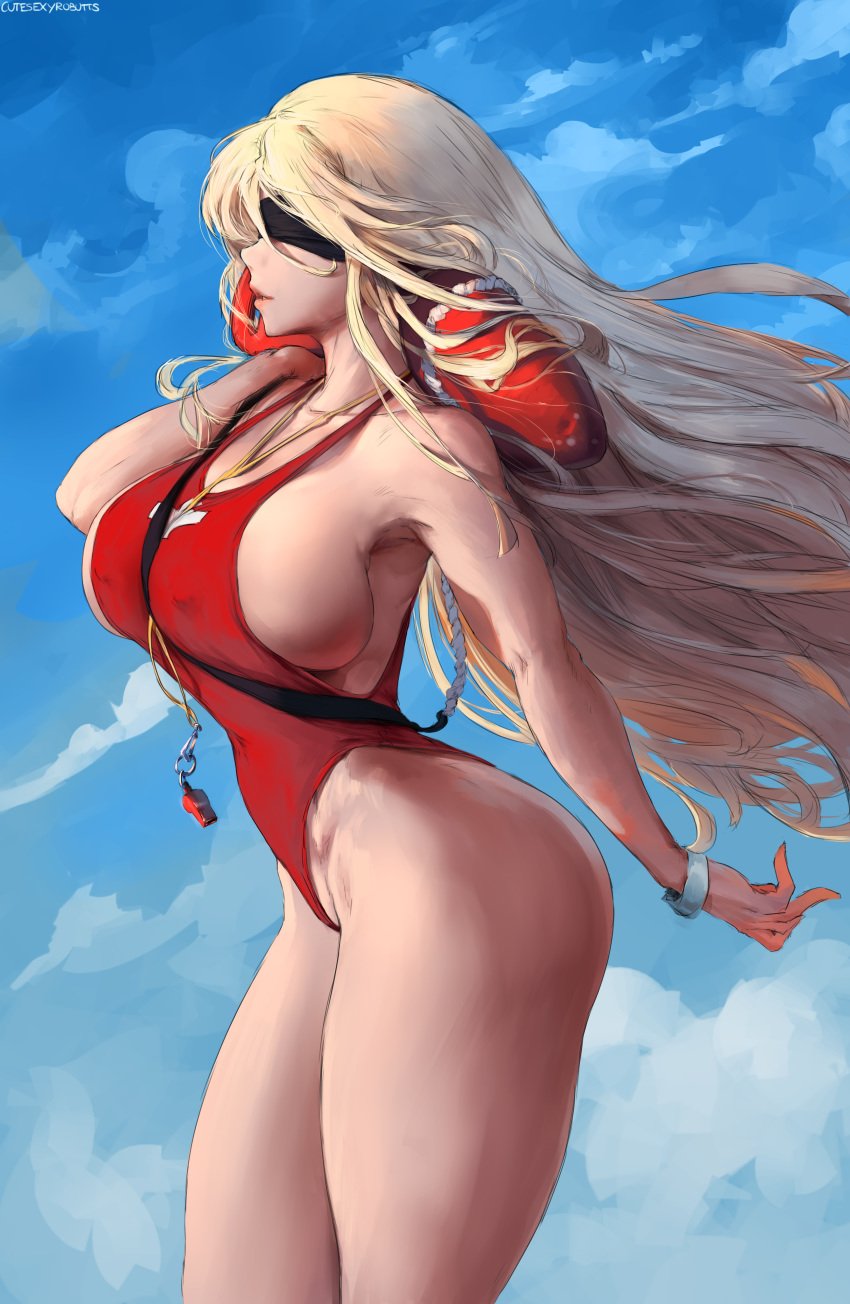 1girls armpits artist_name ass beach big_ass bikini blindfold blonde_hair breasts bursting_breasts casual cleavage clothing cloud collarbone curvaceous cutesexyrobutts female female_only female_solo goblin_slayer highleg highleg_bikini highleg_swimsuit hourglass_figure huge_ass huge_breasts human large_filesize leaning_forward leaning_on_object lifeguard light-skinned_female lips long_hair looking_at_viewer lying micro_bikini nipple_bulge one-piece_swimsuit paid_reward patreon_reward pose red_one-piece_swimsuit red_swimsuit rescue_buoy sand seductive shiny shiny_skin sideboob signature skindentation sky slender_waist solo source_request string_bikini swimsuit sword_maiden_(goblin_slayer) text thick_thighs thighs thong tomboy very_long_hair voluptuous watermark whistle wide_hips