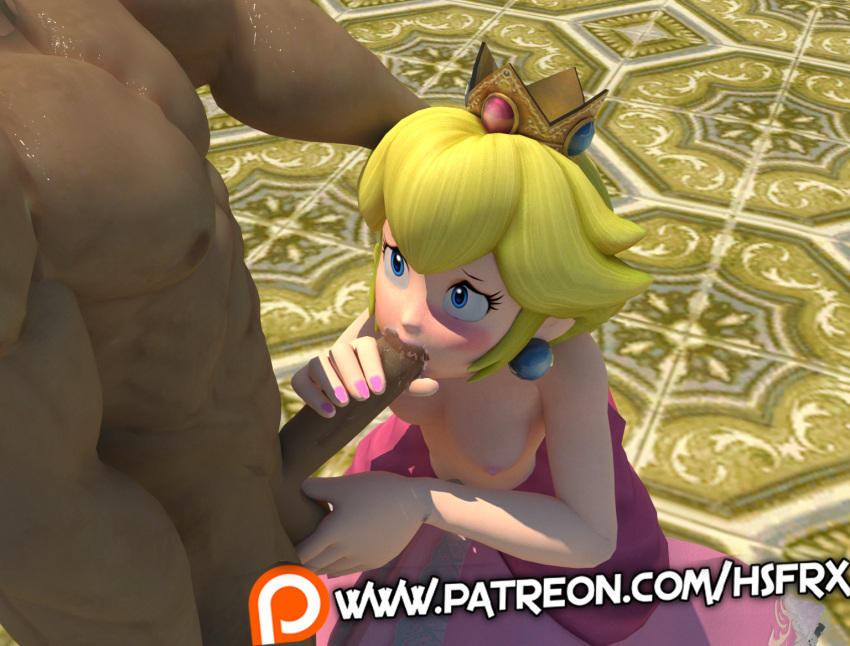 1boy 1girls 3d blonde_hair blue_eyes blush breasts captain_falcon clothing crown dark-skinned_male dark_skin duo earrings f-zero fellatio female hsfrx human jewelry light-skinned_female light_skin long_hair male mario_(series) nintendo nipples nude oral penis princess_peach standing straight tagme testicles topless