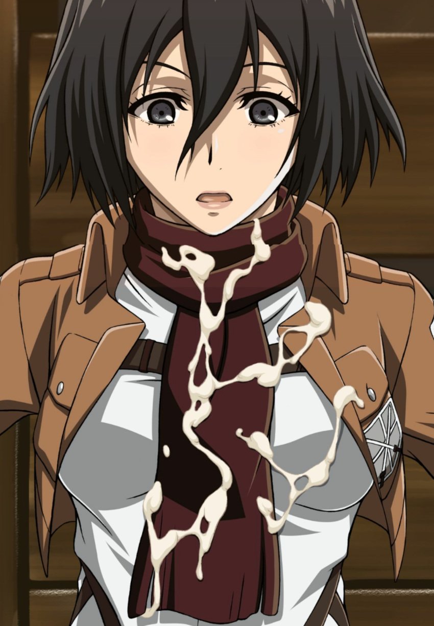 1girls after_deepthroat after_oral asian attack_on_titan black_eyes black_hair clothed cum cum_on_clothes cum_on_upper_body fringe lost_rarities medium_hair mikasa_ackerman oral pale-skinned_female petite scarf seductive_eyes seductive_mouth shingeki_no_kyojin shocked submissive_female takapiko