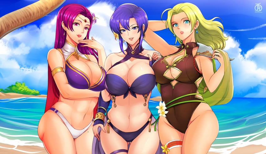 3girls ara_ara bare_arms bare_midriff bare_shoulders bare_thighs barely_contained beach belly big_breasts bikini blonde_hair breasts brunnya_(fire_emblem) child_bearing_hips chubby chubby_female cleavage cocky cocky_smile color confident confident_smile curvaceous curvy curvy_female curvy_figure earrings female female_only fire_emblem fire_emblem:_the_binding_blade fire_emblem:_the_blazing_blade fire_emblem:_the_sacred_stones fire_emblem_heroes flower flower_in_hair front-tie_bikini front-tie_top front_view harem hourglass_figure huge_breasts human human_only large_breasts light-skinned_female light_skin lipstick looking_at_viewer mature mature_female mature_woman milf multiple_girls naughty_face navel nintendo ocean one-piece_swimsuit pink_hair purple_hair revolverwingstudios sea seaside seductive seductive_look seductive_smile selena_(fire_emblem:_the_sacred_stones) selena_(summer)_(fire_emblem:_the_sacred_stones) slightly_chubby smile smiling smiling_at_viewer smirk smirking stomach swimsuit take_your_pick thick thick_hips thick_thighs thighs tight_clothing tight_fit ursula_(fire_emblem) ursula_(summer)_(fire_emblem) water wide_hips