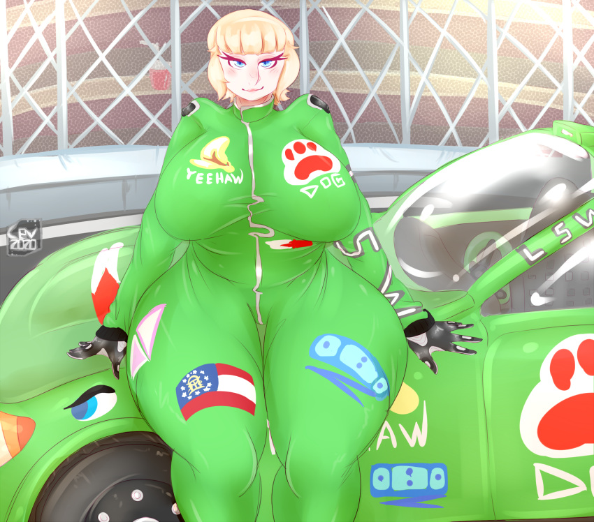 2020 amanda_campbell bbw big_breasts big_nose blonde_hair blue_eyes breasts car cev chubby chubby_female clothed clothes clothing curvaceous curvy digital_media_(artwork) female female_only gloves human looking_at_viewer milf racing_suit short_hair smirk solo solo_focus thick_thighs