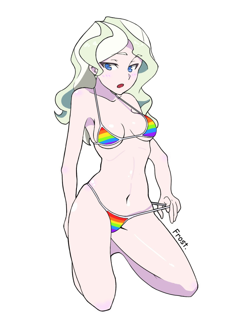 1girls artist_name bikini blonde blonde_hair blue_eyes blush blushing breasts cleavage clothing curvy diana_cavendish eyebrows_visible_through_hair female female_only frost_(artist) fully_clothed highres kneeling little_witch_academia long_hair medium_breasts navel open_mouth rainbow_bikini rainbow_swimsuit solo swimsuit thick_thighs white_background wide_hips