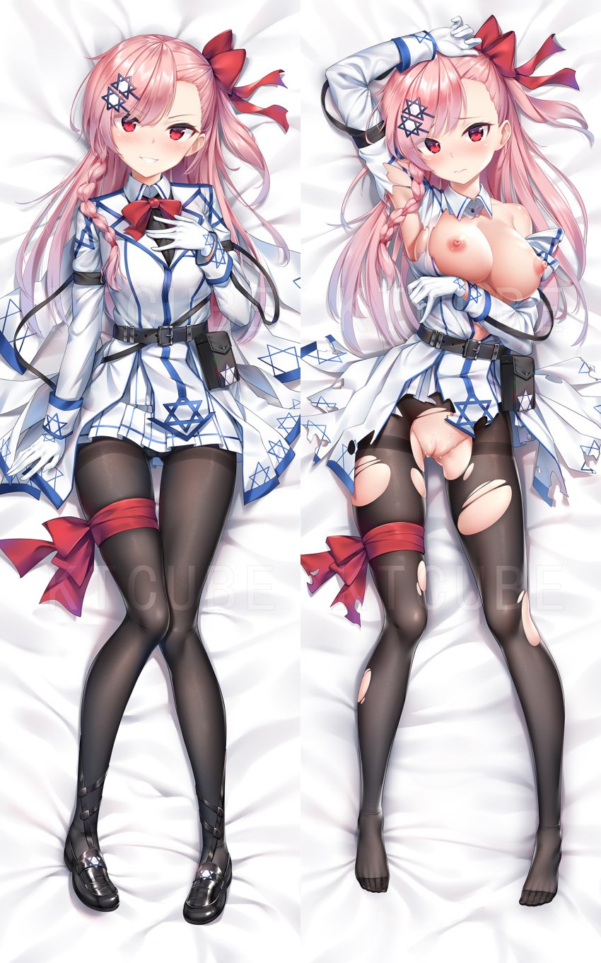 arm_across_waist arm_up armlet bangs belt black_footwear black_legwear blush bow braid breasts buckle closed_mouth dakimakura eyebrows_visible_through_hair female frown girls'_frontline gloves hair_between_eyes hair_ornament hair_ribbon hairbow hairclip hand_up hexagram highres j-cube large_breasts loafers long_hair looking_at_viewer lying multiple_views negev_(girls_frontline) nipples on_back one_side_up pantyhose pink_hair pouch pussy pussy_juice red_bow red_eyes red_ribbon ribbon shoes side_braid sidelocks skirt sleeve_cuffs smile star_of_david thigh_ribbon torn_clothes uncensored white_gloves white_skirt