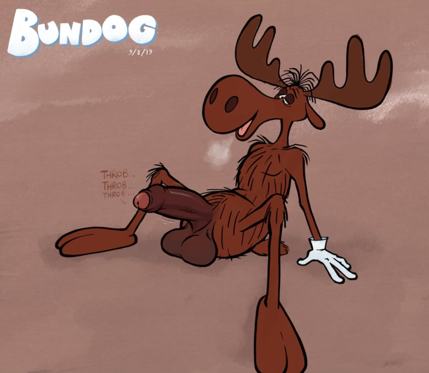 1boy 2019 anthro antlers artist_name balls ballsack big_balls big_penis body_fur breath brown_fur bullwinkle_j_moose bundog capreoline cartoony cervid clothing dangling_testicles dreamworks erection foreskin foreskin_folds glans gloves handwear huff humanoid_penis intact jay_ward_productions large_balls large_penis low_hanging_balls male male_only mammal moose partially_retracted_foreskin penis presenting rocky_and_bullwinkle scrotum shaggy_fur smooth_penis solo spread_legs testicles uncut