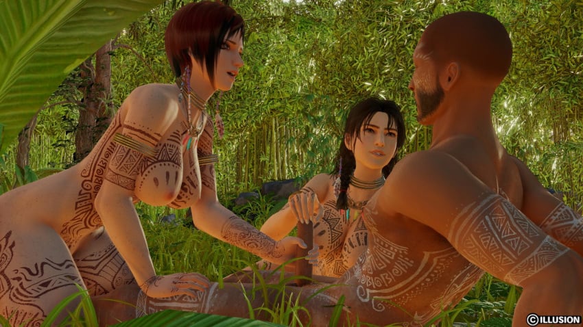 1boy 2girls 3d adnarimydeth amazon areolae armlet big_breasts big_penis body_markings breasts brown_hair busty dead_or_alive earrings feather_earrings female handjob julia_chang jungle male mila_(doa) nipples nude penis short_hair straight tagme tekken thick_thighs tied_hair tribal wide_hips