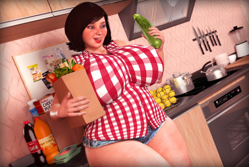 1girls 3d big_ass big_breasts blue_eyes blush brown_hair female female_only freckles grace_wilder horny_female huge_breasts kitchen licking_lips milf original original_character rasmus-the-owl solo solo_female stretch_marks thick_thighs tight_clothes tight_clothing tight_shirt vegetable wide_hips