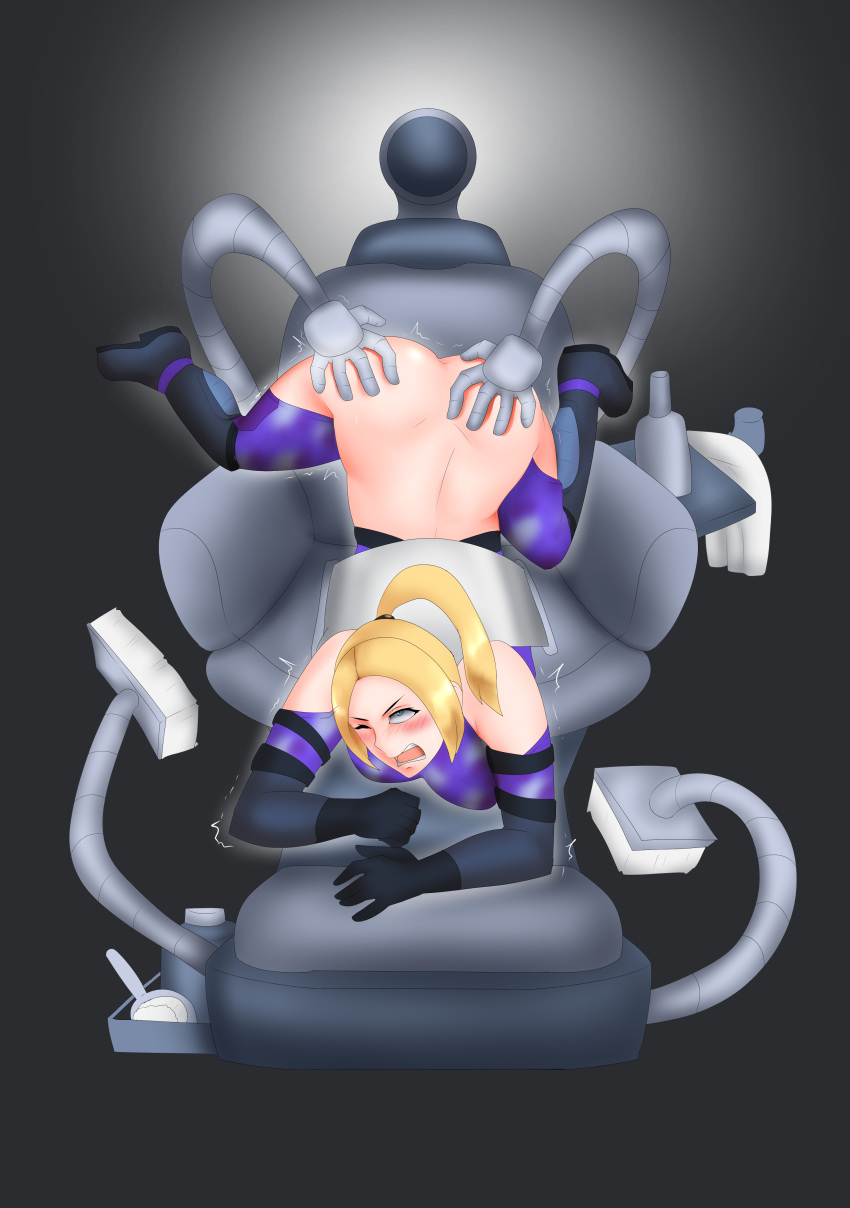 1girls ass_grab blonde_hair boots chair exposed_ass groping humiliation knee_boots long_hair machine nina_williams one_eye_closed open_mouth ponytail sex_machine tekken top-down_bottom-up usagiforehead