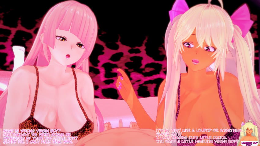 1boy 2girls 3d before_handjob blonde_hair bra bullying cold_(numbersguy) dark-skinned_female dark_skin english_text female femdom ffm_threesome gyaru indoors koikatsu leopard_print light-skinned_female light-skinned_male light_skin looking_at_penis looking_at_viewer male malesub numbersguy open_mouth original pinching_gesture pink_eyes pink_hair self_upload small_penis small_penis_humiliation text threesome underwear warm_(numbersguy) yellow_eyes