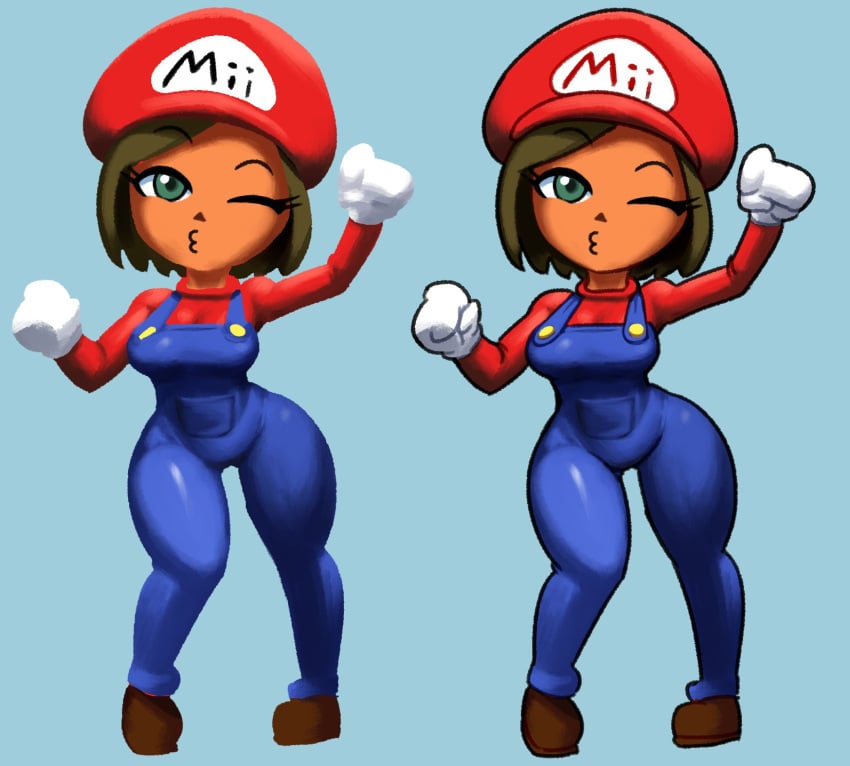 :3 breasts cleavage dark-skinned_female dark_skin female female_only green_eyes huge_breasts looking_at_viewer male_character_(cosplay) maria_(miitopia) mario_(cosplay) mario_(series) mii miitopia minus8 nintendo one_eye_closed short_hair tagme tan thick_thighs wide_hips